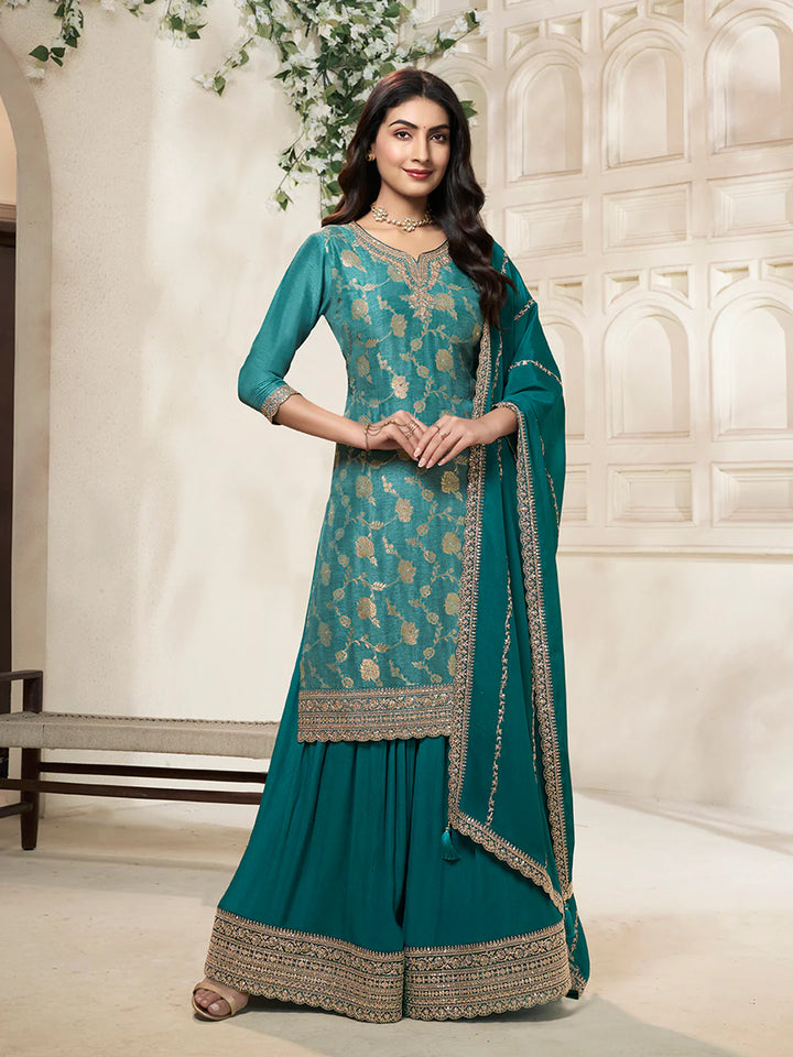 Sareen – Teal Dola Silk Embroidered Straight Kurta with Sequinned plazo Dupatta – 3 Pcs