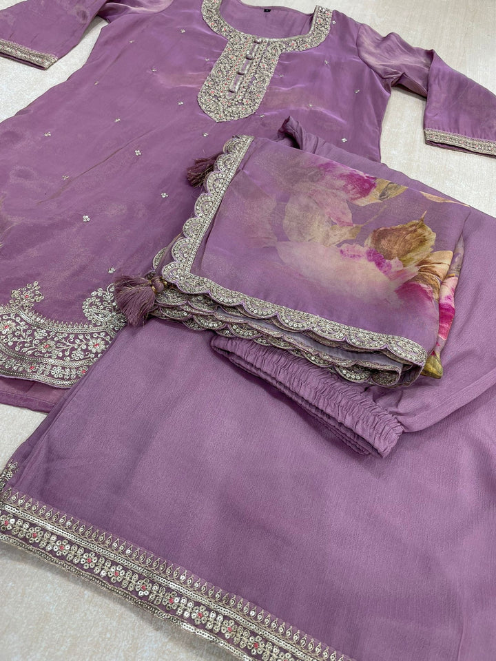 Elham – Lavender Masoori Embroidered Suit Set with Printed Dupatta - 3pcs
