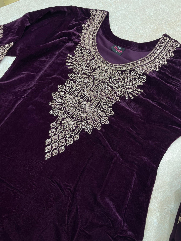 Zayrah - Purple Velvet Kameez with Plazo - Embroidered & Gem work - 3Pcs
