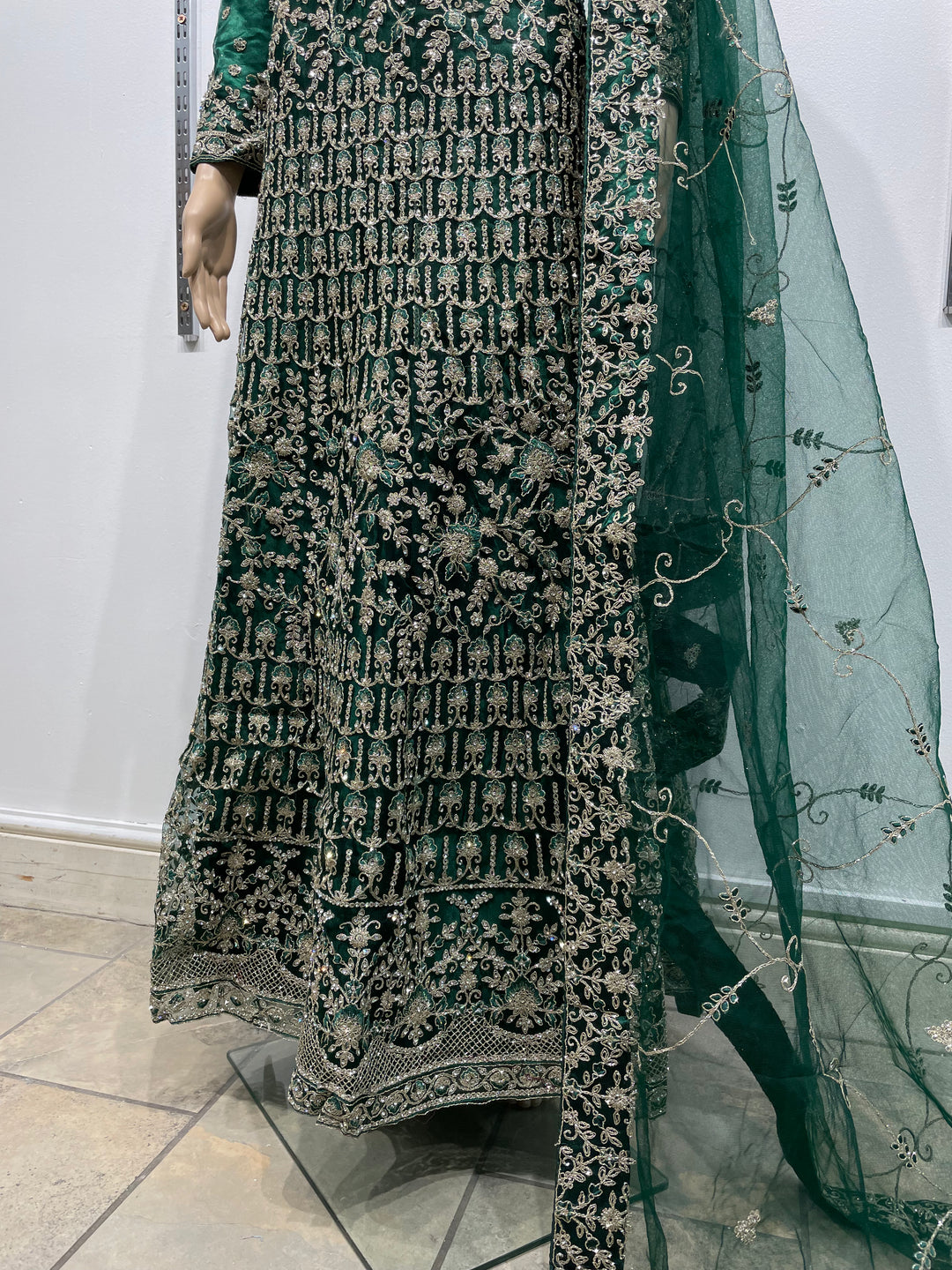 Yusra - Dark Green Heavy Embroidered Net Party Gown with White Gold Embroidered - 3pcs