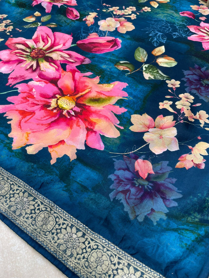 Floral Elegance –  Navy Blue Digital Print Dupatta with Zari Border