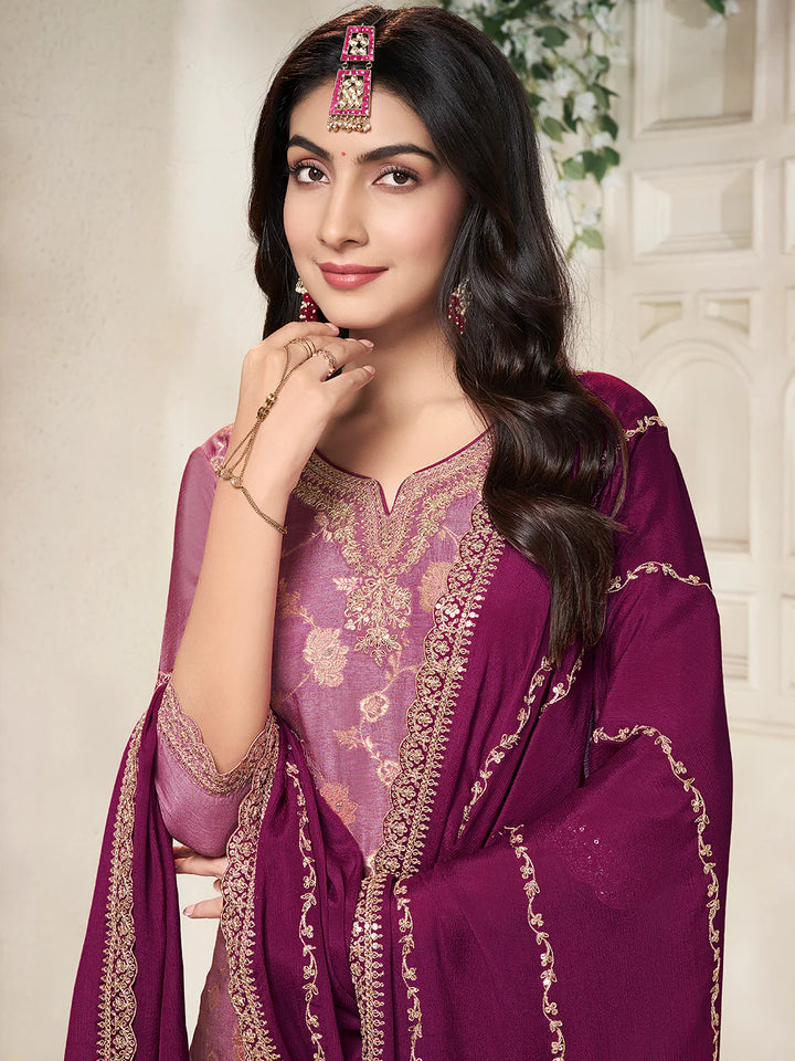 Sareen – Purple Dola Silk Embroidered Straight Kurta with Sequinned plazo Dupatta – 3 Pcs