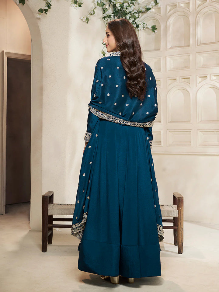 Nureh – Blue Chinon Embroidered Anarkali Suit with Scalloped Dupatta - 2pcs