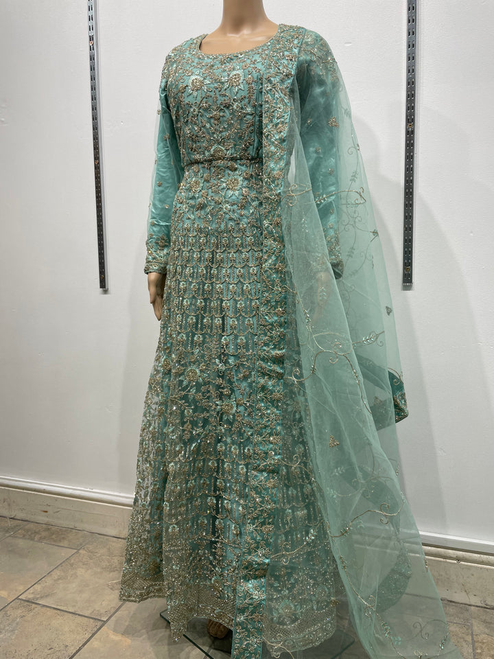 Yusra - Turquoise Heavy Embroidered Net Party Gown with White Gold Embroidered - 3pcs