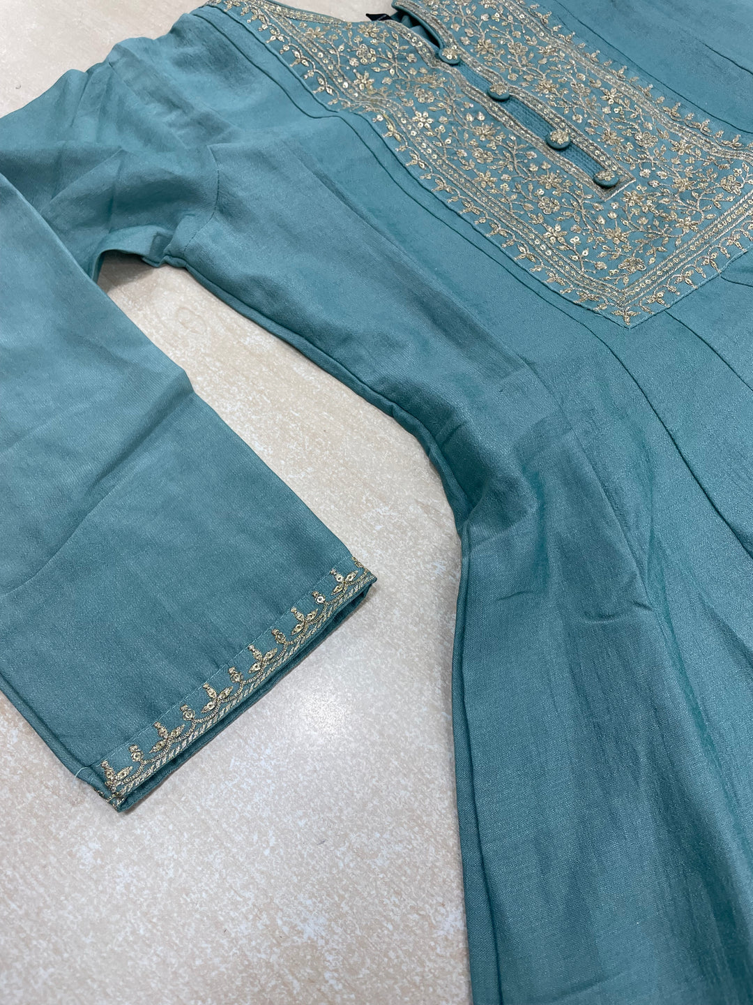Yasmin - Dusky Turquoise Bhagalpuri Silk Frock with Digital Print Dupatta - 2pcs