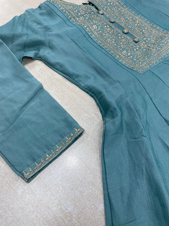 Yasmin - Dusky Turquoise Bhagalpuri Silk Frock with Digital Print Dupatta - 2pcs