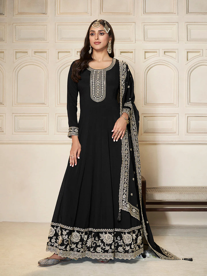 Nureh – Black Chinon Embroidered Anarkali Suit with Scalloped Dupatta - 2pcs