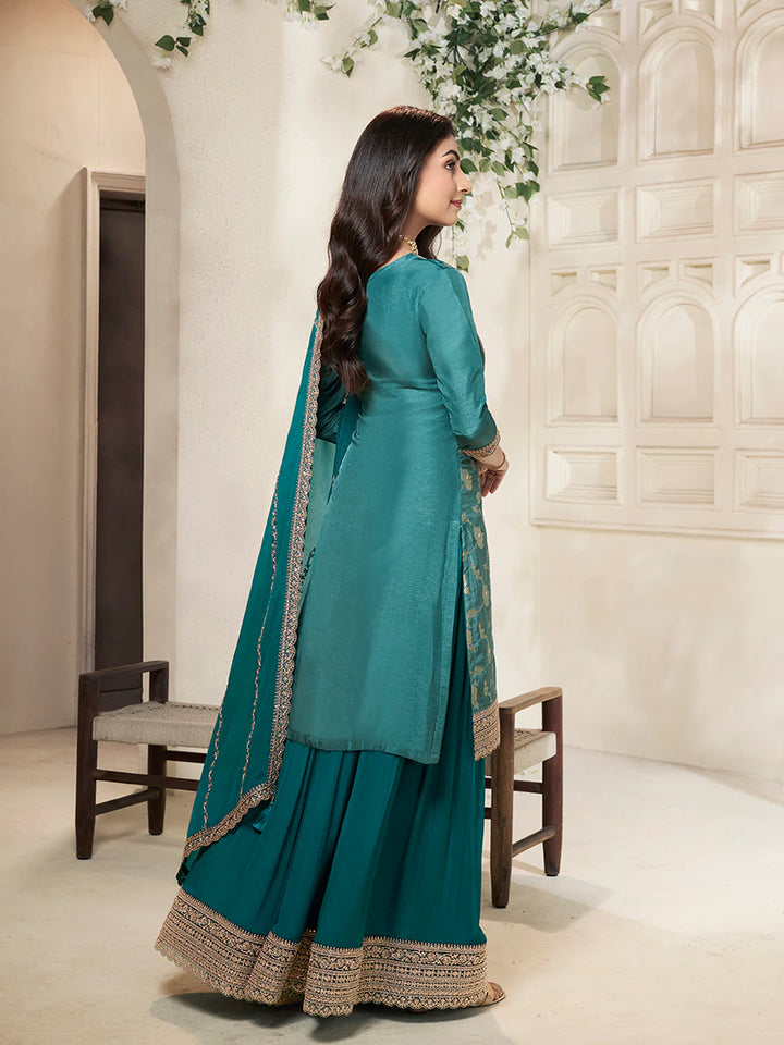 Sareen – Teal Dola Silk Embroidered Straight Kurta with Sequinned plazo Dupatta – 3 Pcs