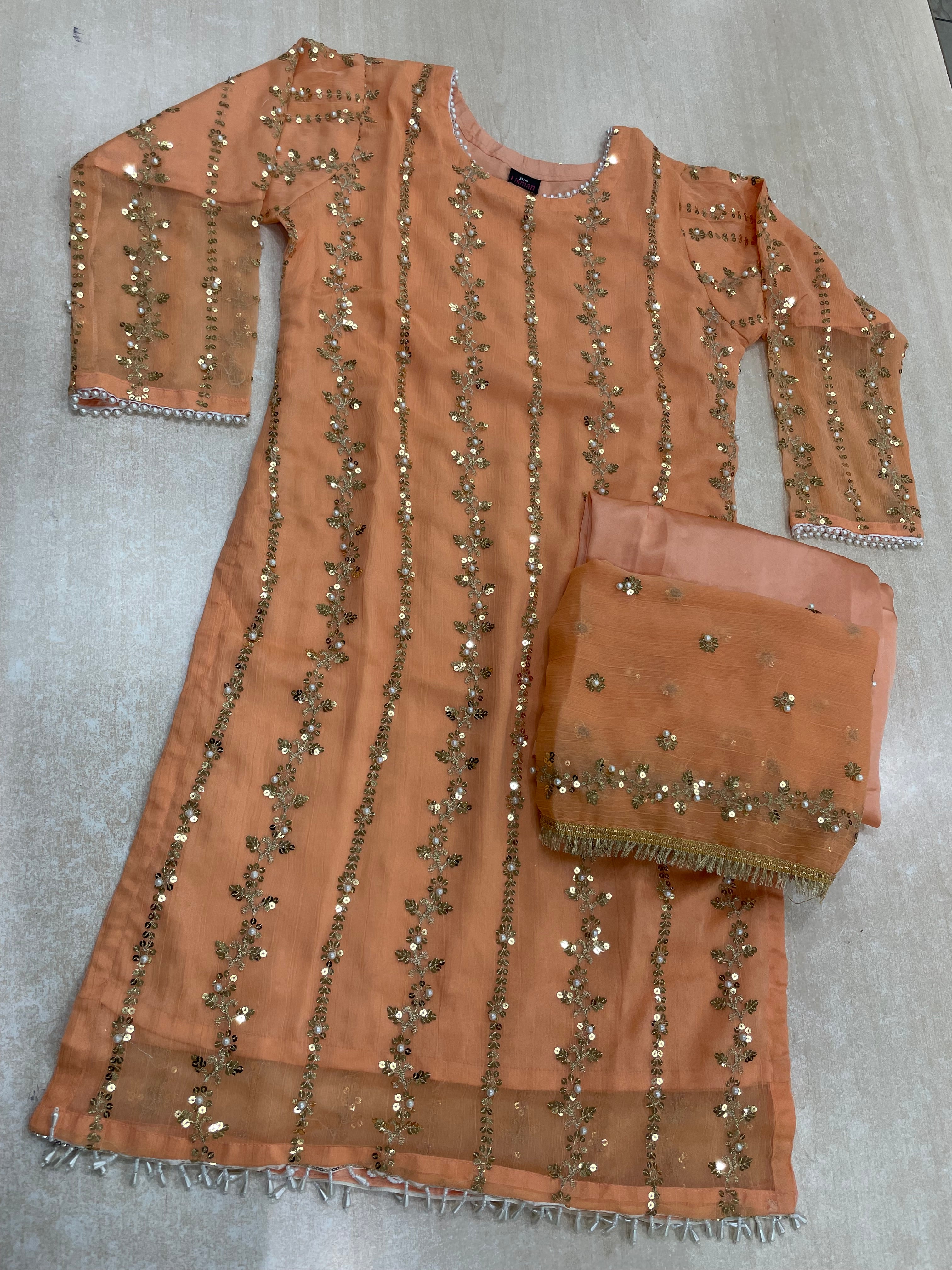 Orange Chiffon Shalwar kameez with Gold Embroidery & Gem work - 3pcs