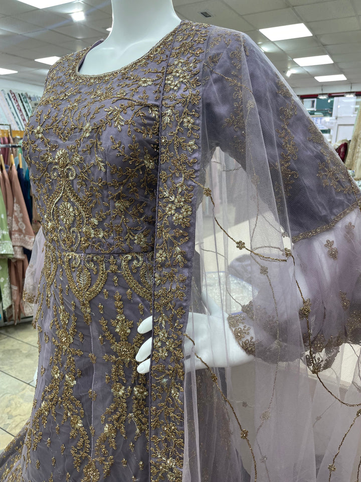 Jannah - Lavender Heavy Embroidered Net Party Gown with Bell Sleeves/Copper Gold Embroidered - 3pcs