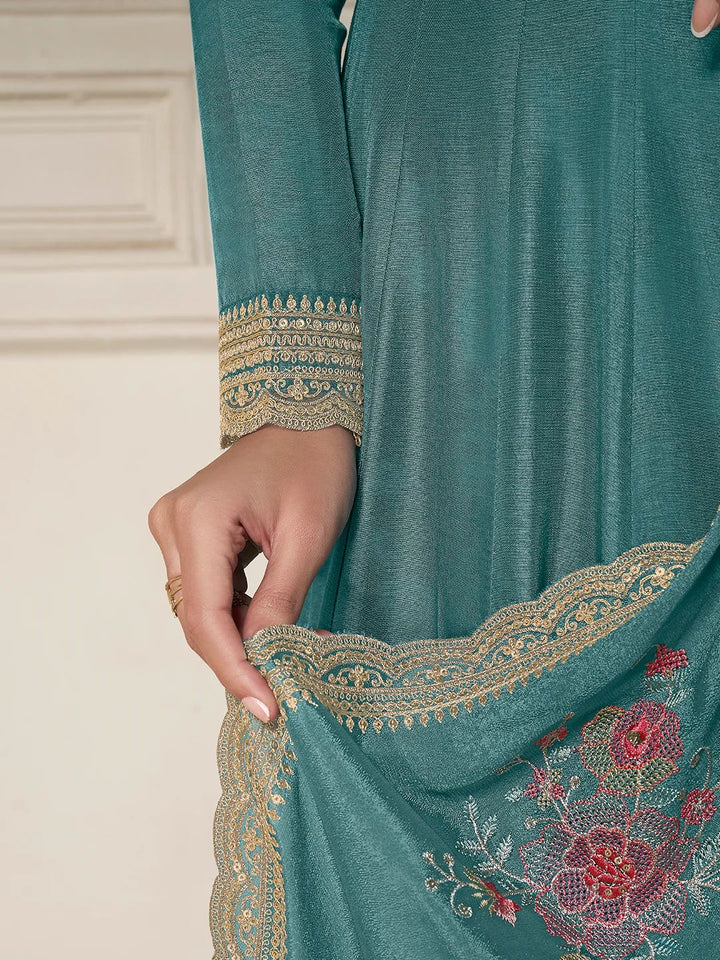 Amal – Teal Chinon Embroidered Anarkali Suit with Scalloped Dupatta - 2pcs