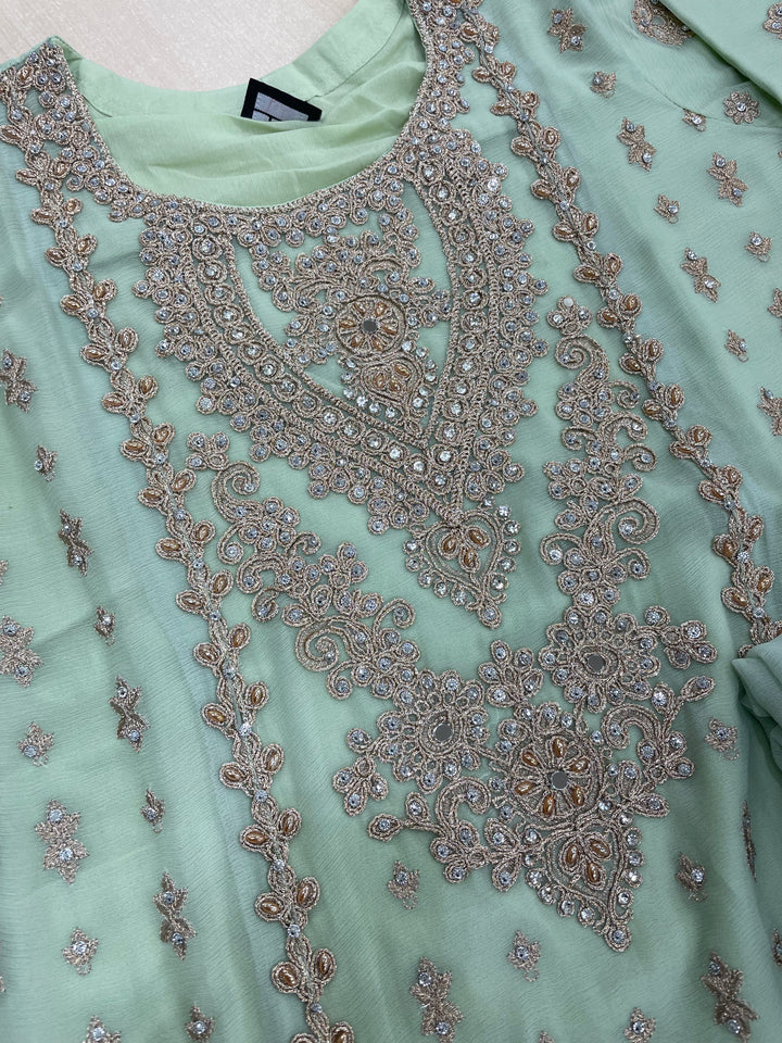 Aisha - Mint Green embroidered Plazo - Rose Gold Embroidered & Gem work - 3Pcs