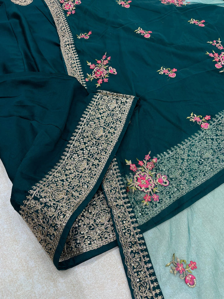 Marwah - Teal Green Embroidered Anarkali with Net Dupatta - 3 Pcs
