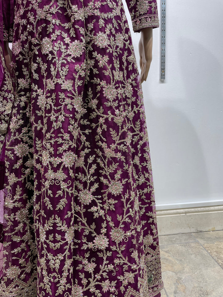 Safiya - Purple Heavy Embroidered Net Gown with Net Scarf - 3pcs