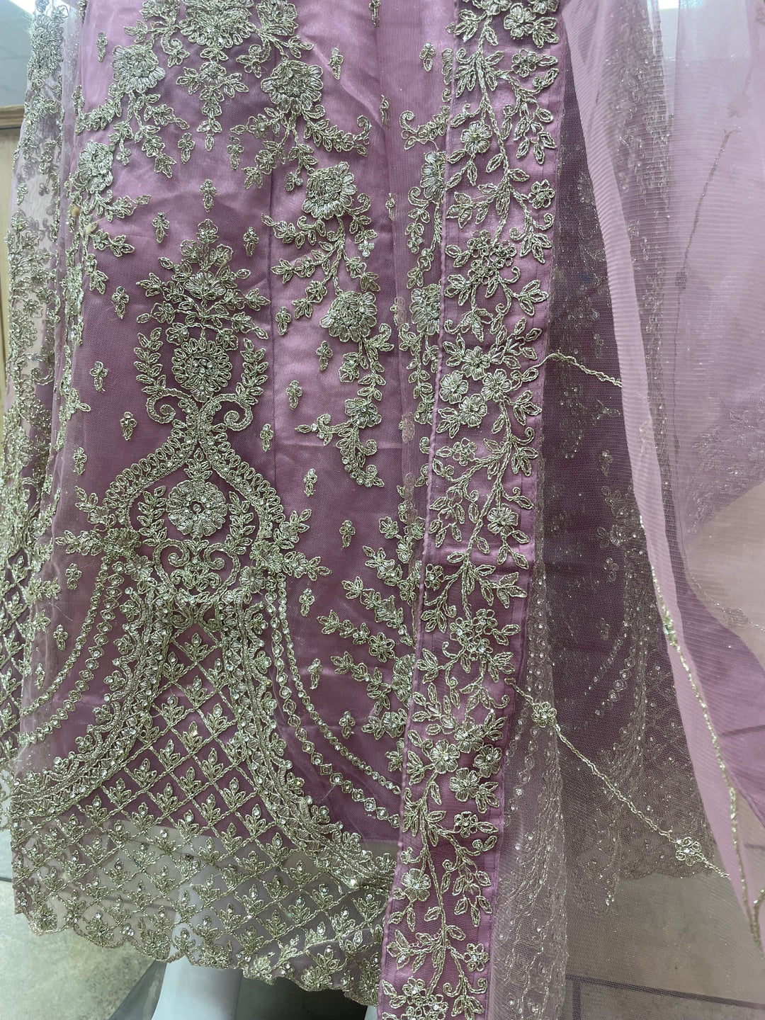 Jannah - Powder Pink Heavy Embroidered Net Party Gown with Bell Sleeves/White Gold Embroidered - 3pcs