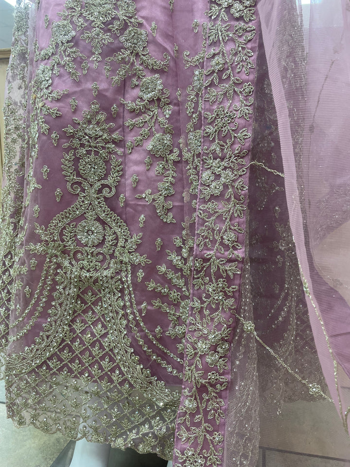 Jannah - Powder Pink Heavy Embroidered Net Party Gown with Bell Sleeves/White Gold Embroidered - 3pcs