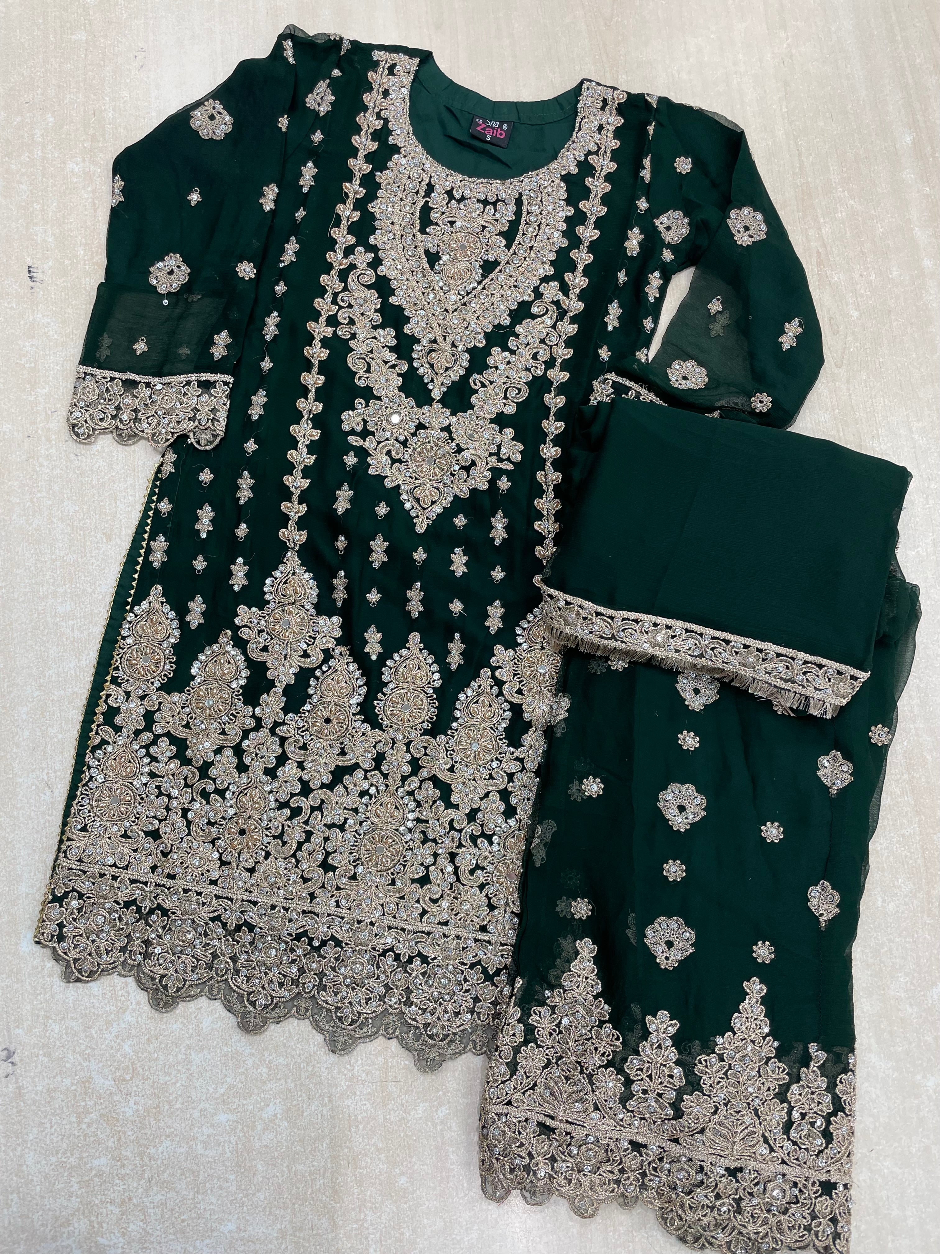 Green embroidered Plazo - Rose Gold Embroidered & Gem work - 3Pcs