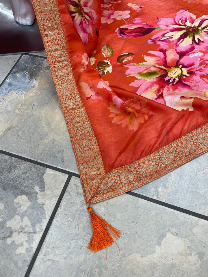 Isra – Orange Bhagalpuri Silk Anarkali with Digital Print Dupatta – 3 Pcs
