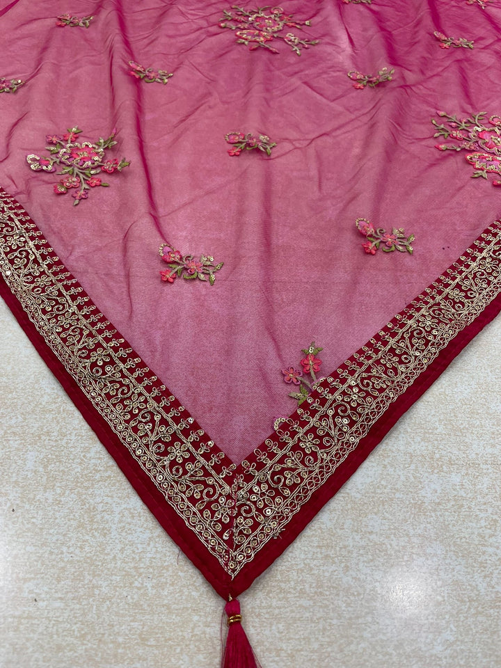 Delicate Grace – Cerise Pink Embroidered Net Dupatta with Rose Gold Detailing