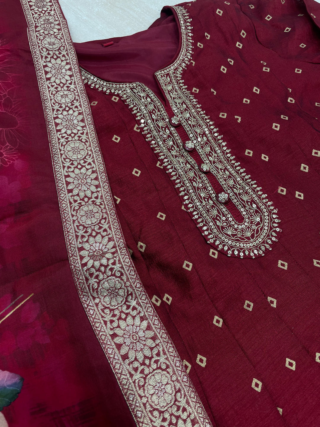 Iman - Maroon Embroidered Anarkali with digital print scarf - 3 Pcs