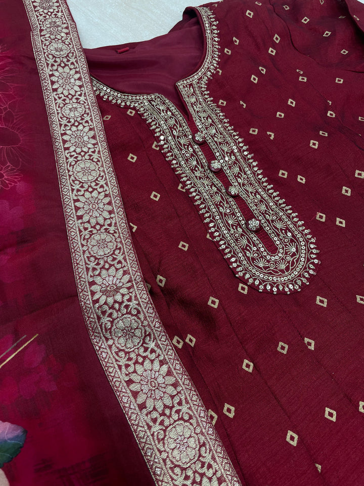 Iman - Maroon Embroidered Anarkali with digital print scarf - 3 Pcs