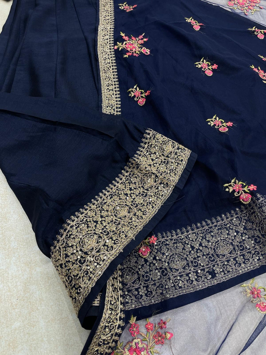 Marwah - Navy Blue Embroidered Anarkali with Net Dupatta - 3 Pcs