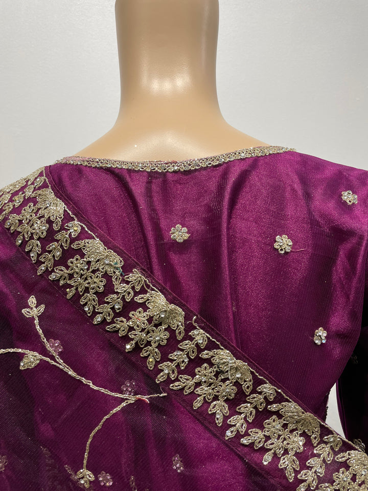 Safiya - Purple Heavy Embroidered Net Gown with Net Scarf - 3pcs