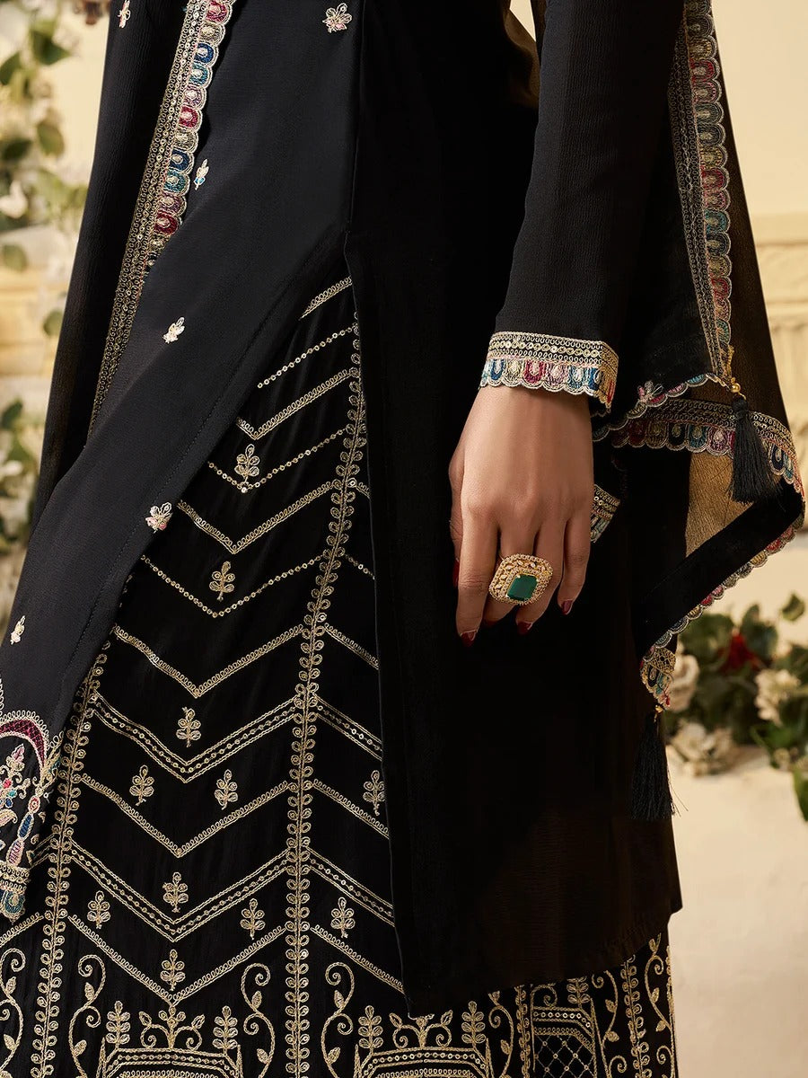 Hafsa – Designer Multi-Thread Embroidered Black Chinon Sharara Suit Set - 3pcs