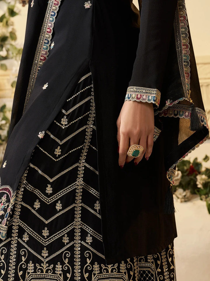 Hafsa – Designer Multi-Thread Embroidered Black Chinon Sharara Suit Set - 3pcs