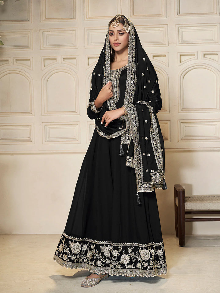 Nureh – Black Chinon Embroidered Anarkali Suit with Scalloped Dupatta - 2pcs