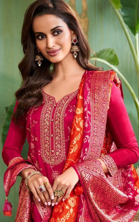 Aleeza – Cerise Pink Pure Silk Embroidered Set with Jacquard Dupatta - 3pcs