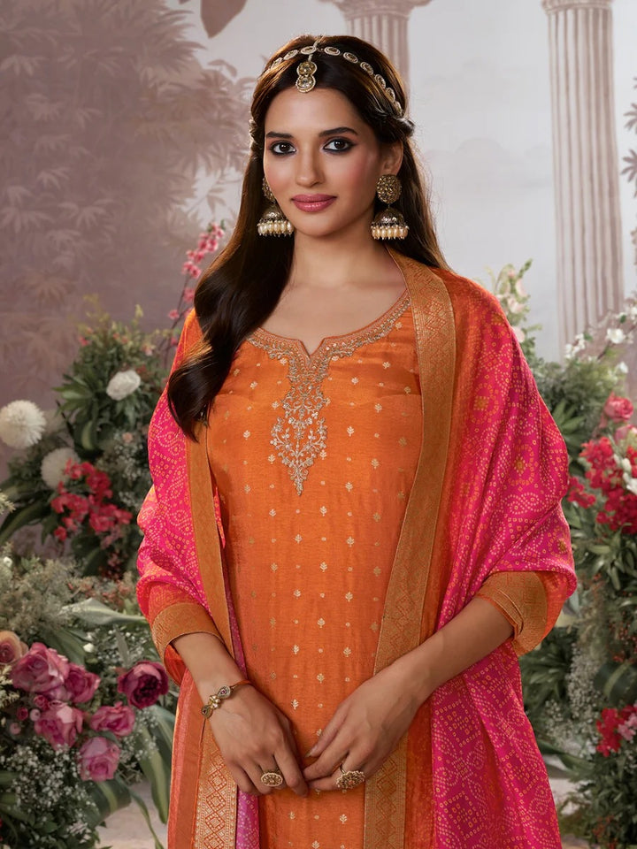Kiran – Orange Dola Silk Kurta Set with Jacquard Detailing and Intricate Embroidery, Paired with a Cherry Silk Dupatta – 3 Pcs