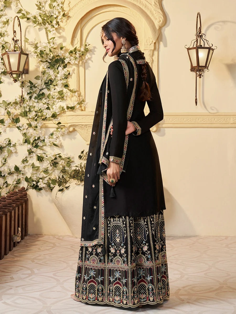 Hafsa – Designer Multi-Thread Embroidered Black Chinon Sharara Suit Set - 3pcs