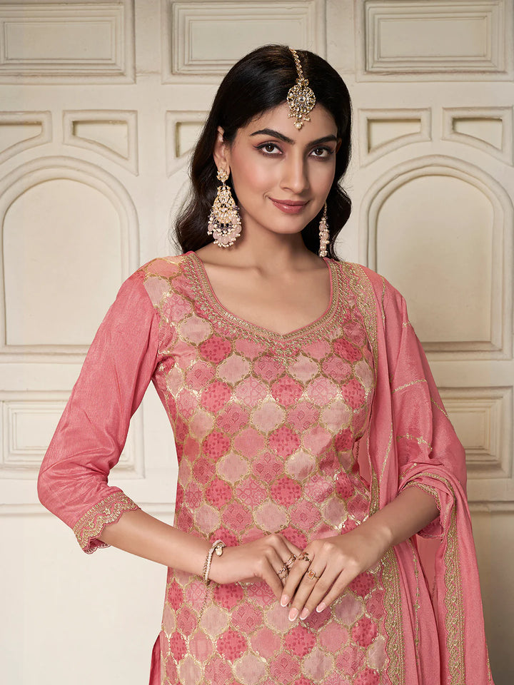 Abeer – Pastel Pink Dola Silk Printed Kurta with Sequinned Plazo Dupatta – 3 Pcs