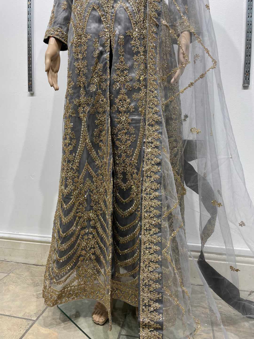 Meher - Grey Heavy Embroidered Gown with Front Split - 3pcs