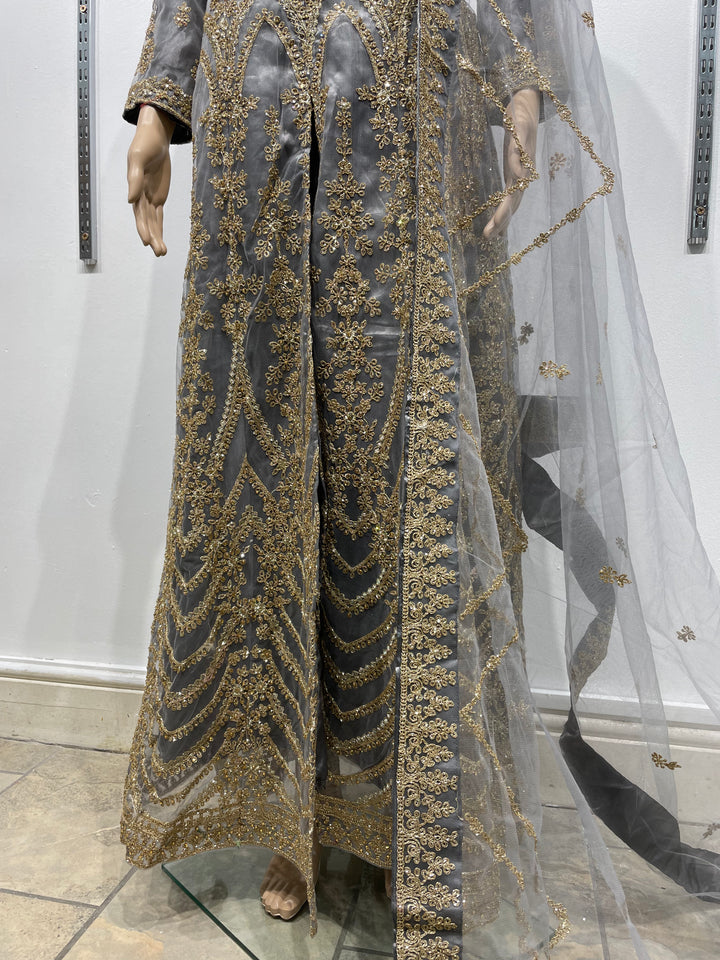 Meher - Grey Heavy Embroidered Gown with Front Split - 3pcs