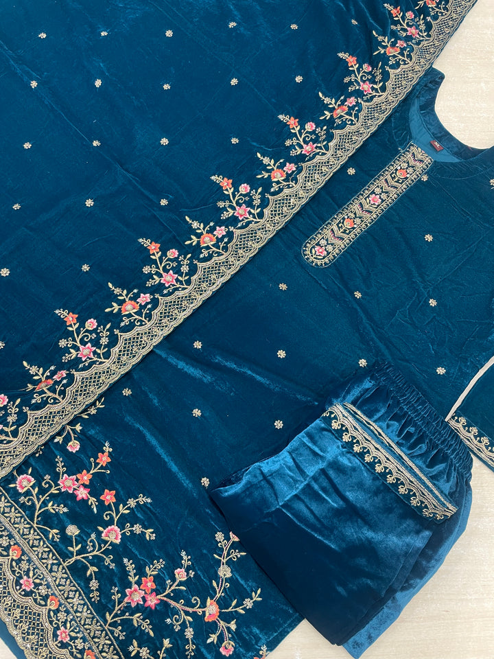 Zoya - Teal Velvet Kameez - Embroidered & Gem work - 3Pcs