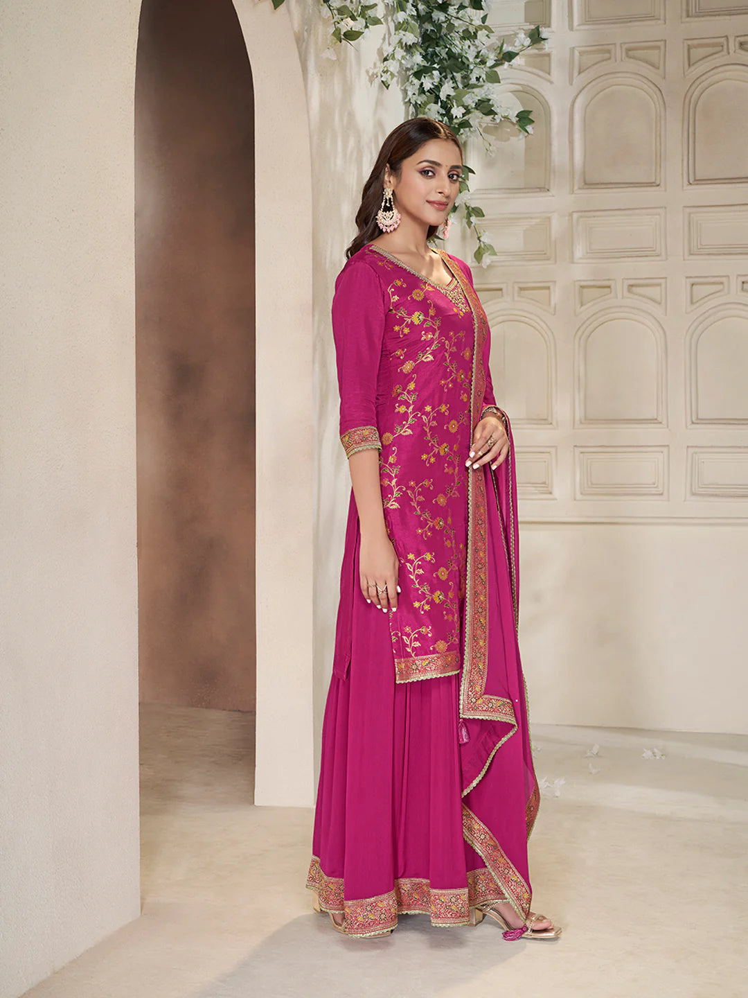 Sitara – Pink Dola Silk Floral Jacquard Kurta with Plazo & Dupatta – 3 Pcs