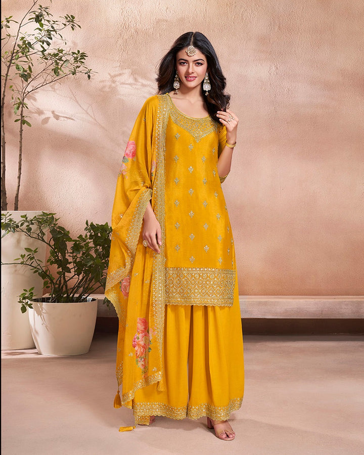 Mahira – Yellow Sequins Embroidered Kurti Plazo Set with Digital Floral Dupatta – 3 Pcs
