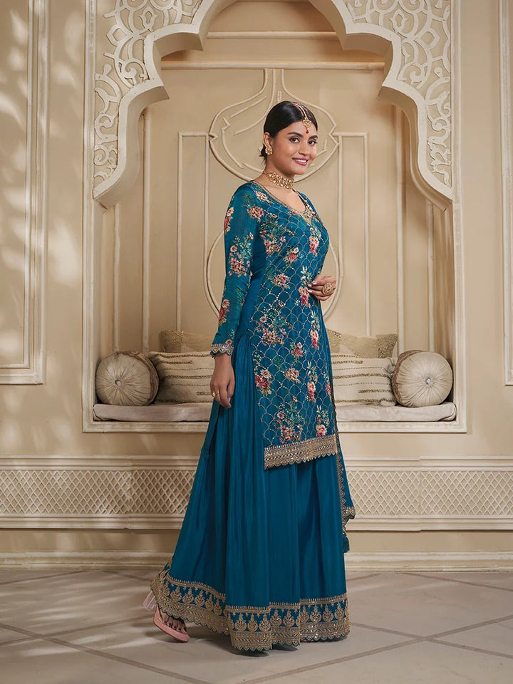 Jawaria – Teal Digital Floral Printed Embroidered Sharara Suit Set – 3 Pcs