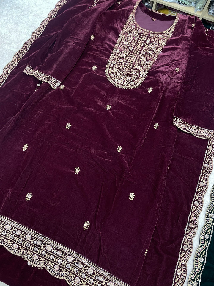 Qamar - Maroon Velvet Kameez - Embroidered & Gem work - 3Pcs