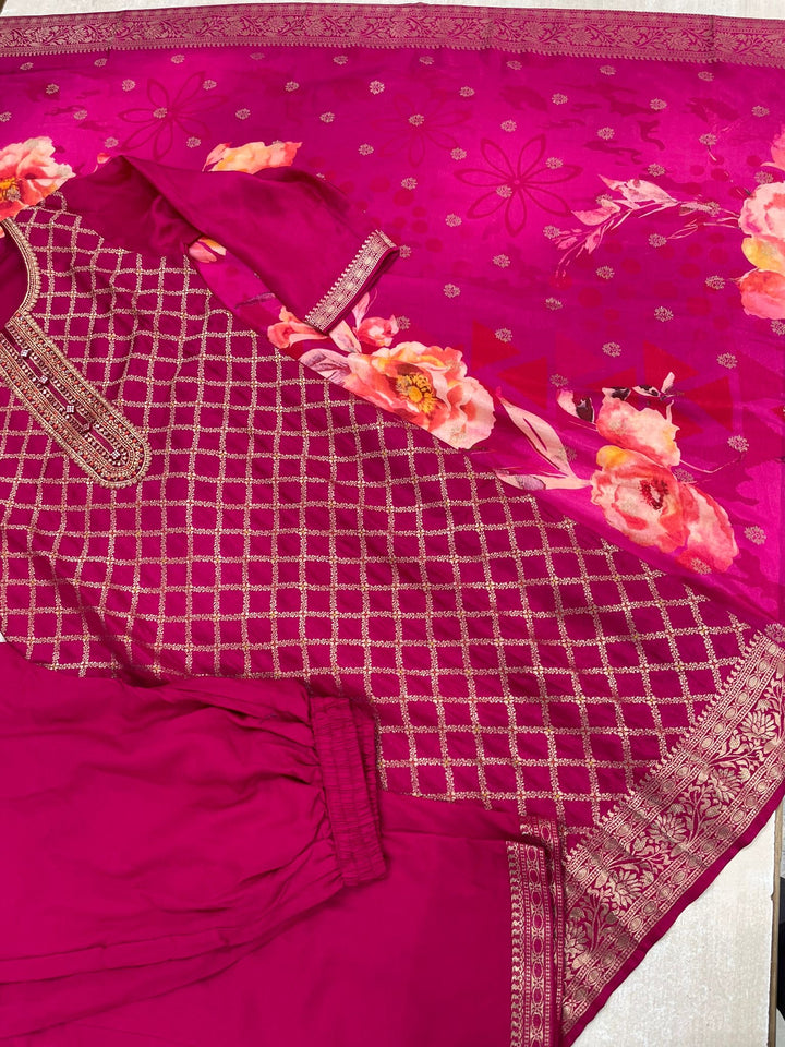 Aleena - Cerise Pink Pure Viscose Dola with Embroidery Work & Digital Print Scarf - 3 Pcs