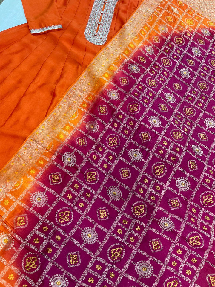 Hooriya - Orange Embroidered Anarkali with Jacquard Dupatta - 3 Pcs
