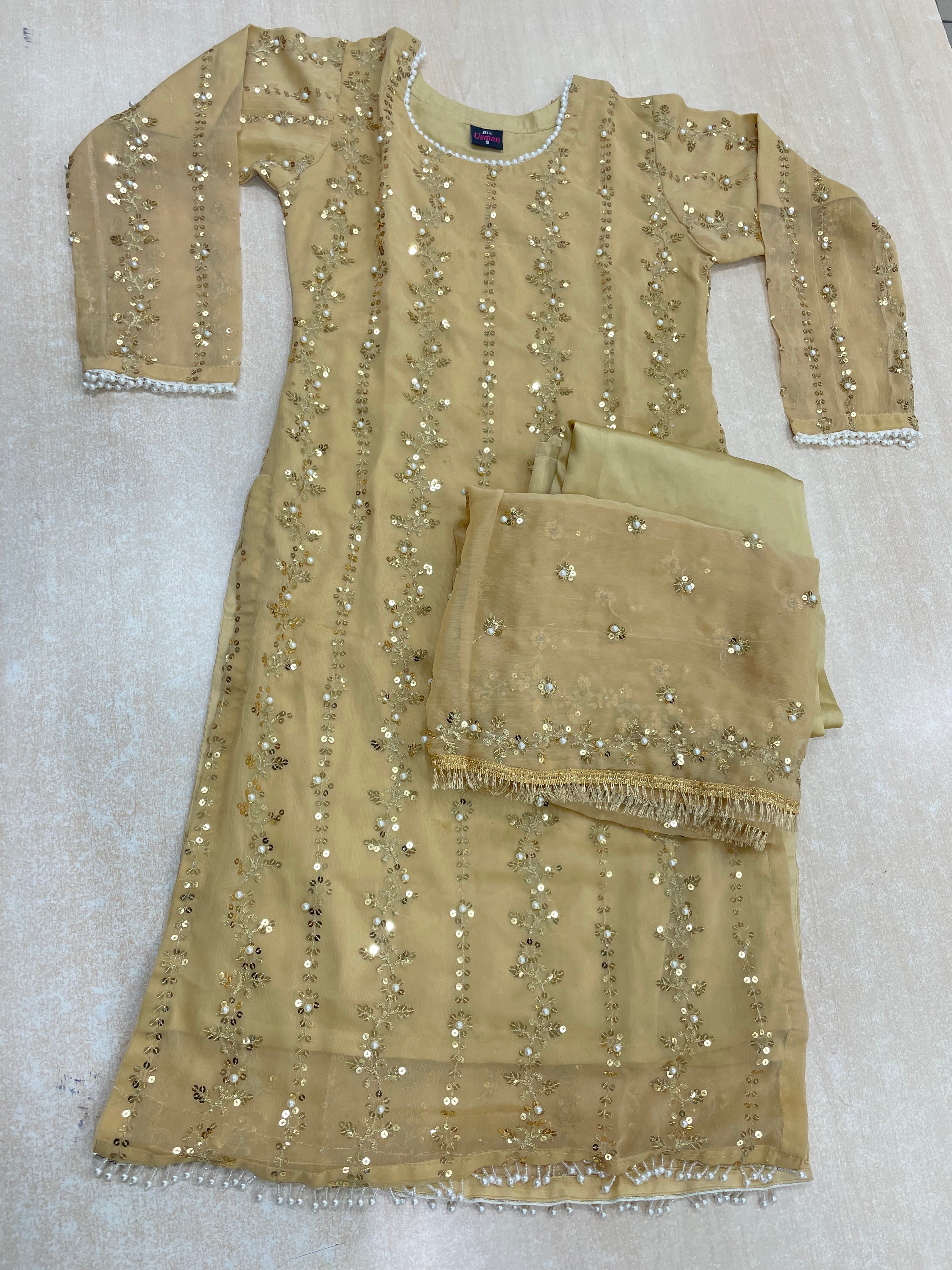 Gold Chiffon Shalwar kameez with Gold Embroidery & Gem work - 3pcs