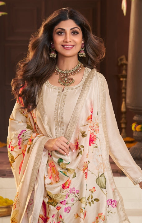 Khadija - Cream Silk bottom Split Anarkali With Print Scarf - 3 Pcs