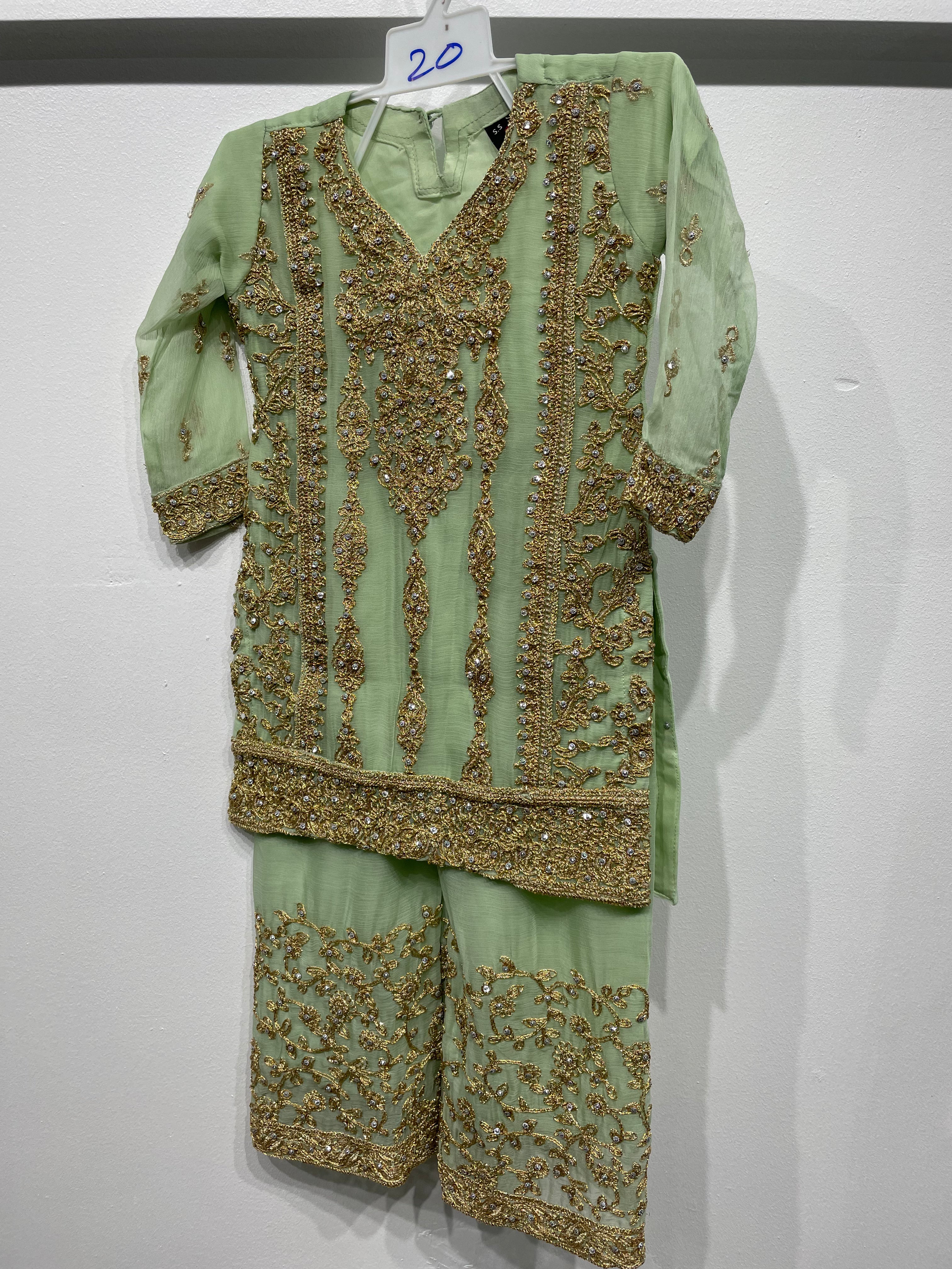 Mint Green Embroidered Chiffon Plazo - Mother and Daughter