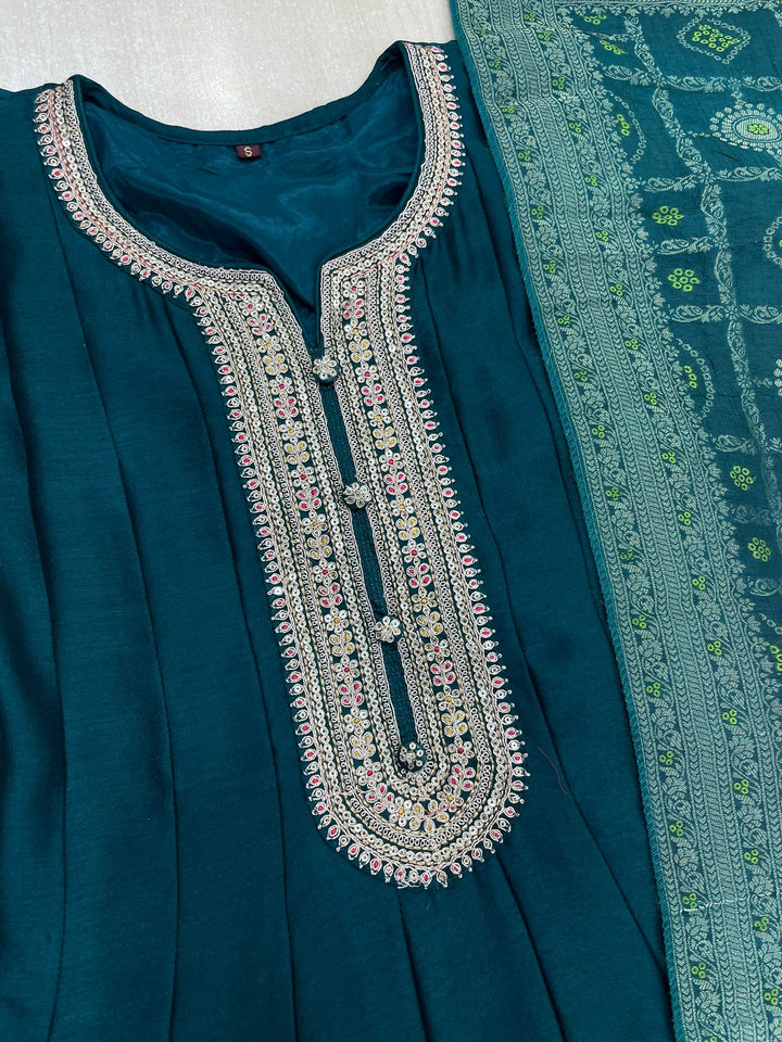 Hooriya - Teal Green Embroidered Anarkali with Jacquard Dupatta - 3 Pcs