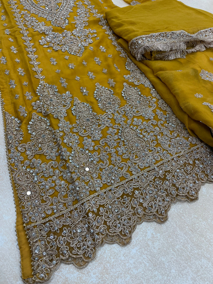 Aisha - Mustard embroidered Plazo - Rose Gold Embroidered & Gem work - 3Pcs