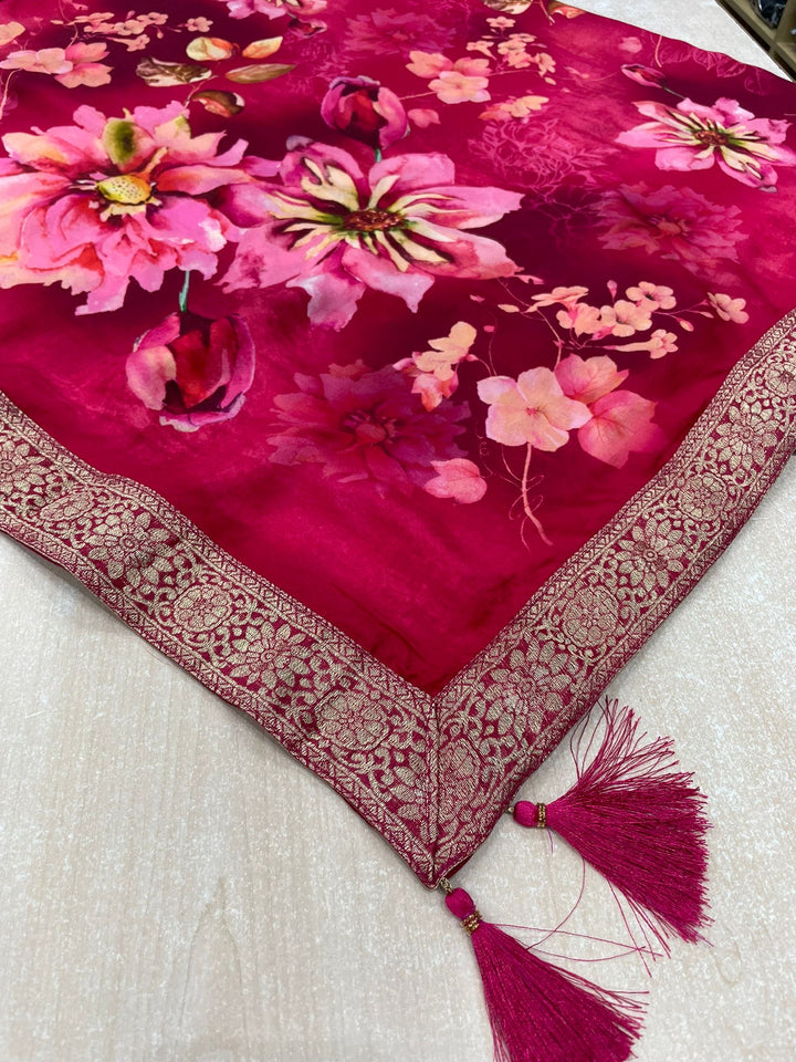 Floral Elegance – Cerise Pink Digital Print Dupatta with Zari Border