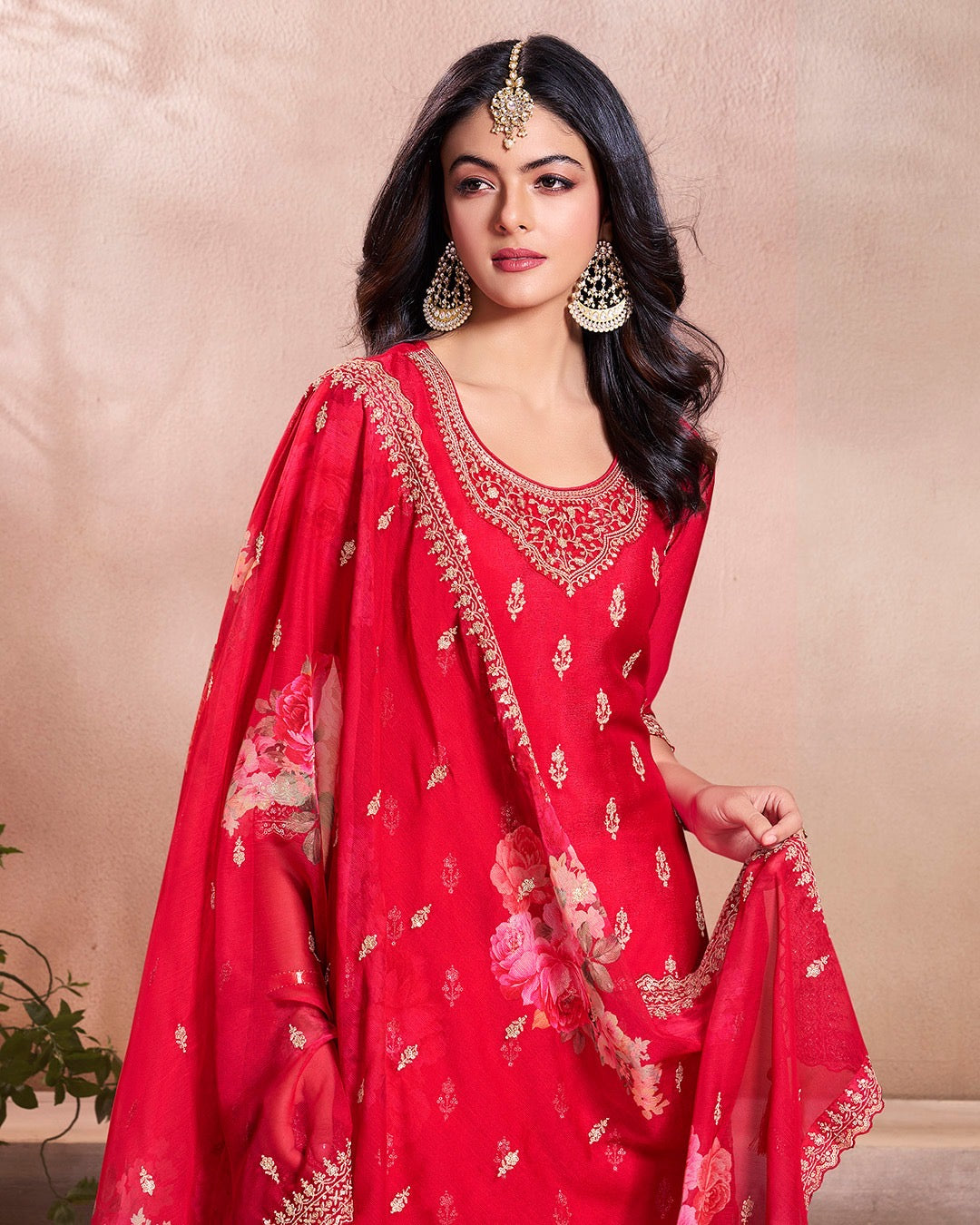 Mahira – Red Sequins Embroidered Kurti Plazo Set with Digital Floral Dupatta – 3 Pcs